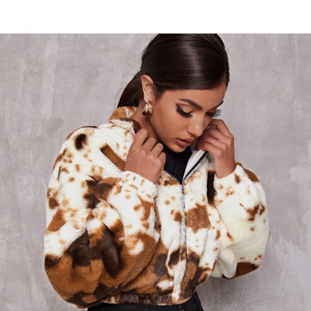 Fall print zip up fur jacket